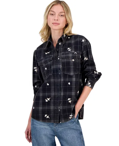 And Now This Women's Plaid Long-sleeve Cord-embroidered Button-up Shirt, Macy's Exclusive In Black