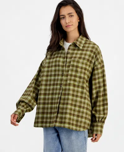 And Now This Women's Plaid Oversized Flannel Button-up Shirt, Macy's Exclusive In Enrich Willow Green
