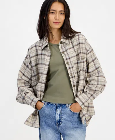 And Now This Women's Plaid Oversized Flannel Button-up Shirt, Macy's Exclusive In Natural