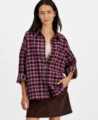 And Now This Women's Plaid Oversized Flannel Button-up Shirt, Macy's Exclusive In Winter Wine