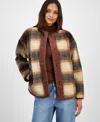 And Now This Women's Plaid Sherpa Fleece Collarless Jacket, Macy's Exclusive In Brown