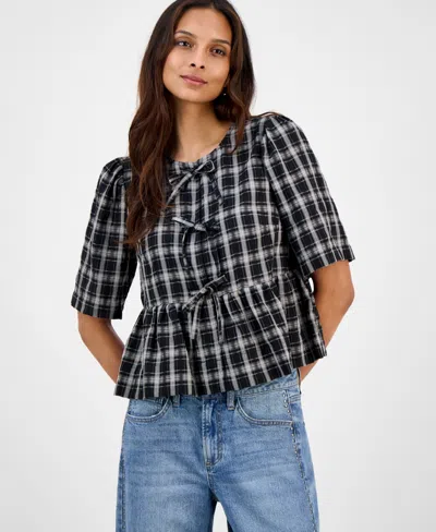 And Now This Women's Plaid Tie-front Peplum Top, Macy's Exclusive In Black