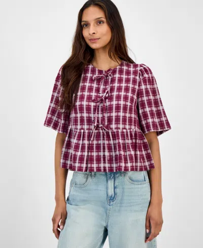 And Now This Women's Plaid Tie-front Peplum Top, Macy's Exclusive In Multi