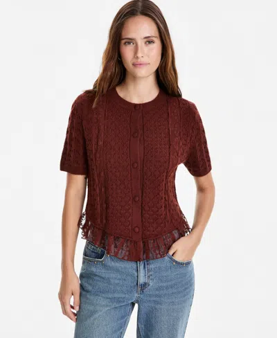 And Now This Women's Pointelle Lace-hem Short-sleeve Cardigan, Macy's Exclusive In Brown