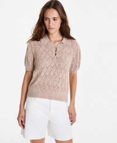 And Now This Women's Pointelle-knit Short-sleeve Polo, Macy's Exclusive In Camel Heather