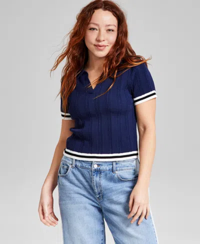 And Now This Women's Polo-collar Short-sleeve Sweater, Exclusively At Macy's In Indigo Batik