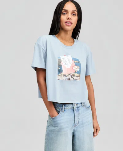 And Now This Women's Postcard Graphic Cropped T-shirt, Macy's Exclusive In Blue
