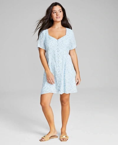 And Now This Women's Printed Button-front Shirtdress, Created For Macy's In Light Blue,ivory Floral