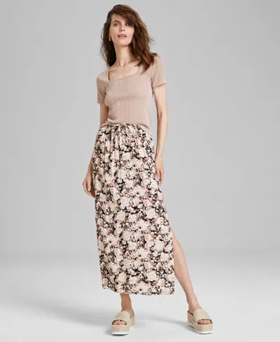 And Now This Women's Printed Pull-on Slit-front Skirt, Created For Macy's In Black Floral