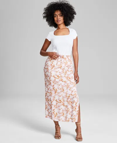 And Now This Women's Printed Pull-on Slit-front Skirt, Created For Macy's In Neutral Floral