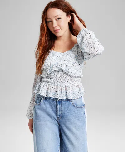 And Now This Women's Printed Ruffle-trim Smocked Top, Exclusively At Macy's In Light Blue Floral