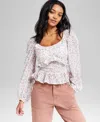 And Now This Women's Printed Ruffle-trim Smocked Top, Exclusively At Macy's In Pink Floral