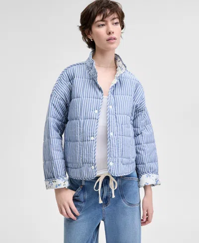 And Now This Women's Quilted Reversible Relaxed-fit Jacket, Regular & Petites In Stripe,cream Floral