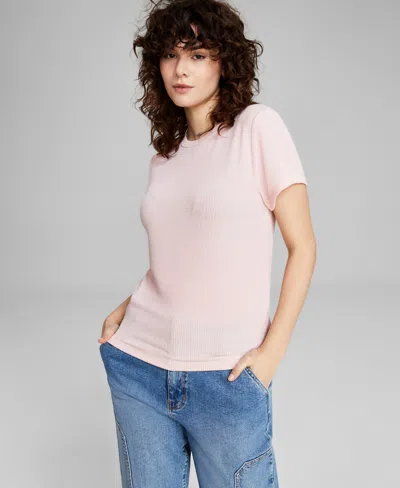 And Now This Women's Ribbed Crewneck Short-sleeve T-shirt, Created For Macy's In Pink Lotus