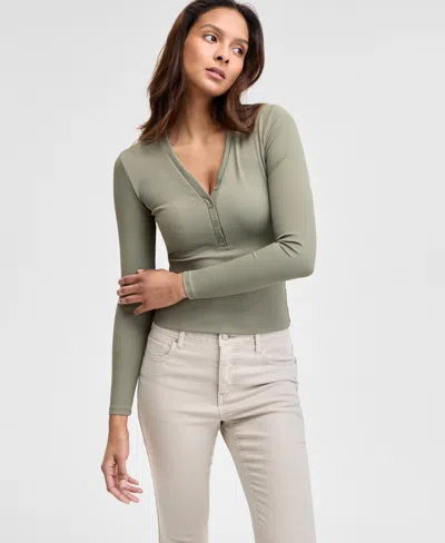 And Now This Women's Ribbed Henley-neck Long-sleeve Top, Created For Macy's In Crushed Oregano