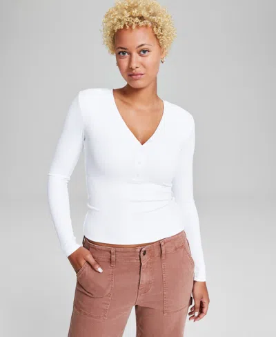 And Now This Women's Ribbed Henley-neck Long-sleeve Top, Created For Macy's In White