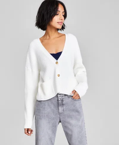 And Now This Women's Ribbed Patch-pocket 3-button Cardigan Sweater In Calla Lily