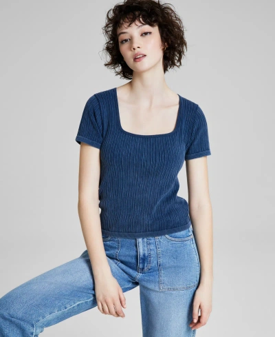 And Now This Women's Ribbed Seamless Square-neck Tee, Created For Macy's In Carbon Blue