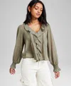 And Now This Women's Ruffle Front Long-sleeve Blouse, Exclusively At Macy's In Green