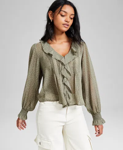 And Now This Women's Ruffle Front Long-sleeve Blouse, Exclusively At Macy's In Crushed Oregano Dot