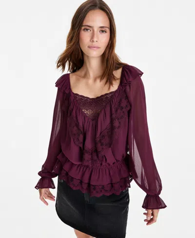 And Now This Women's Ruffle Long-sleeve Lace-trim Top, Macy's Exclusive In Burgundy