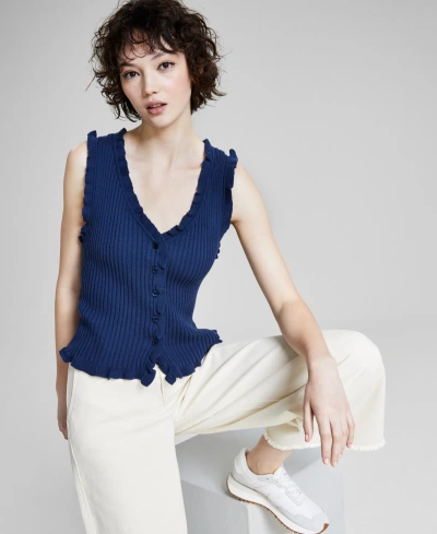 And Now This Women's Ruffle-trim Button-up Sweater Vest, Created For Macy's In Carbon Blue