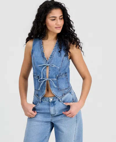And Now This Women's Ruffled Tie-front Denim Vest, Macy's Exclusive In Blue