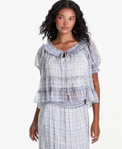And Now This Women's Ruffled Tie-neck Top, Macy's Exclusive In Blue Plaid