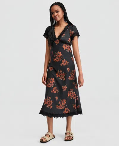 And Now This Women's Satin Lace Trim Dress, Macy's Exclusive In Black