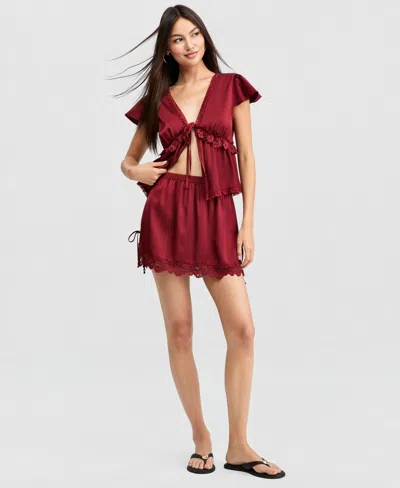 And Now This Women's Satin Lace-trim Mini Skirt, Macy's Exclusive In Red