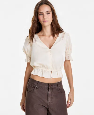 And Now This Women's Satin Puff-sleeve V-neck Top, Macy's Exclusive In Neutral