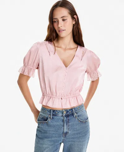 And Now This Women's Satin Puff-sleeve V-neck Top, Macy's Exclusive In Pink