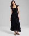 And Now This Women's Scoop-neck Ruffle-sleeve Maxi Lace Dress, Created For Macy's In Deep Black