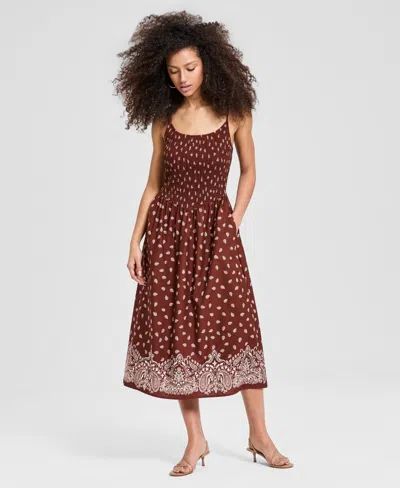 And Now This Women's Scoop-neck Smocked Cotton Midi Dress, Macy's Exclusive In Brown