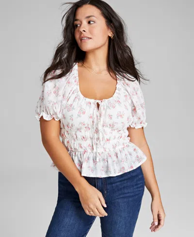 And Now This Women's Scoop-neck Smocked Woven Top, Created For Macy's In White,pink Floral
