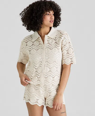 And Now This Women's Sequin Embellished Crochet Shirt, Macy's Exclusive In Neutral