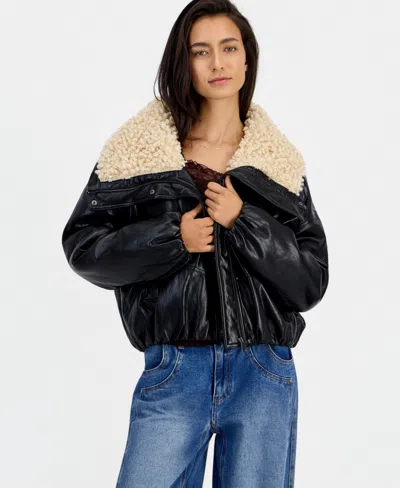 And Now This Women's Sherpa-lined Faux Leather Moto Bomber Jacket, Macy's Exclusive In Deep Black
