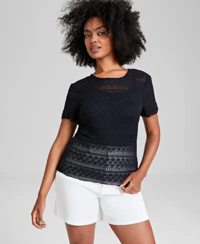 And Now This Women's Short-sleeves Lace Top, Created For Macy's In Deep Black