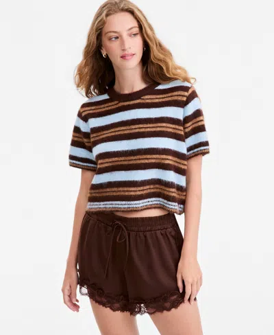 And Now This Women's Short-sleeve Striped Brushed Crop Sweater, Macy's Exclusive In Brown,blue Stripe