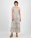 And Now This Petite Printed Smocked Tiered-ruffle-trim Dress, Exclusively At Macy's In Cream,blue Floral