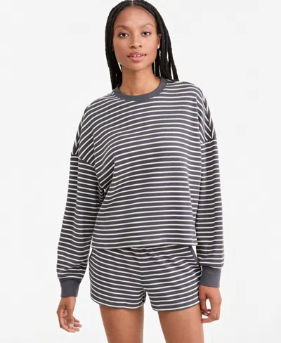 And Now This Women's Stripe Lounge Crew Waffle-knit Crewneck Pullover Sweater, Macy's Exclusive In Gray