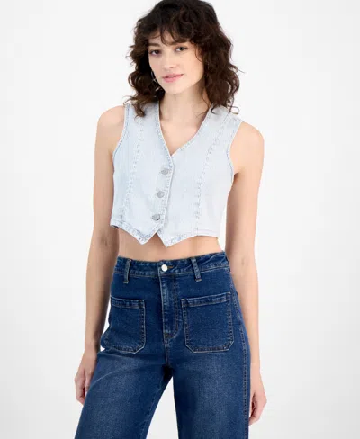And Now This Women's Striped Button-front Denim Vest, Exclusively At Macy's In Blue,white Stripe