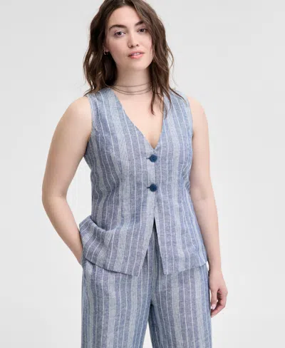 And Now This Women's Striped Sleeveless Double-button Vest, Regular & Petites, Exclusively At Macy's In Blue Stripe