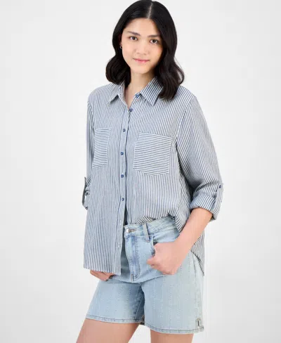 And Now This Women's Striped Spread-collar Button Front Shirt, Macy's Exclusive In Blue