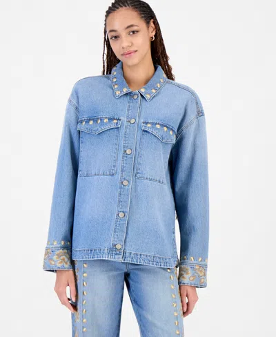 And Now This Women's Studded Embroidered Denim Jacket, Macy's Exclusive In Blue
