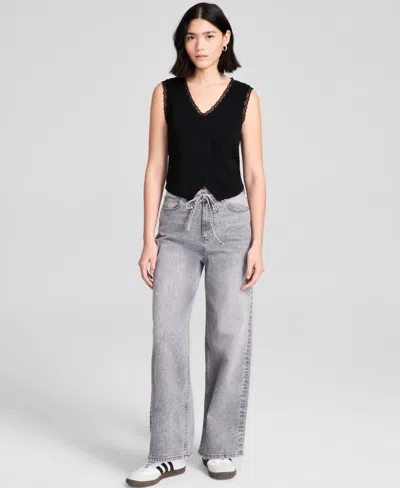 And Now This Women's Lace-trim V-neck Woven Vest, Regular & Petites, Exclusively At Macy's In Light Grey