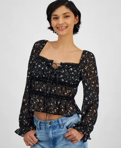 And Now This Women's Tie-front Woven Top, Exclusively At Macy's In Black Floral