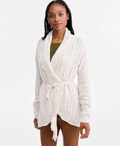 And Now This Women's Tie Pointelle Shawl Collar Drop-shoulder Cardigan, Macy's Exclusive In Heather Oatmeal