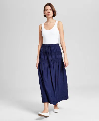And Now This Women's Tie-waist Lace-inset Maxi Skirt, Regular & Petites, Created For Macy's In Indigo Batik
