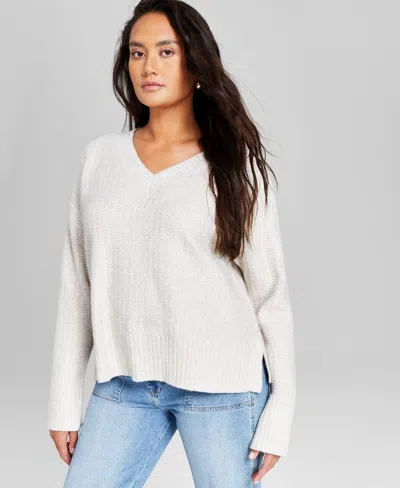 And Now This Women's V-neck Long Sleeve Sweater, Created For Macy's In Light Sand Heather